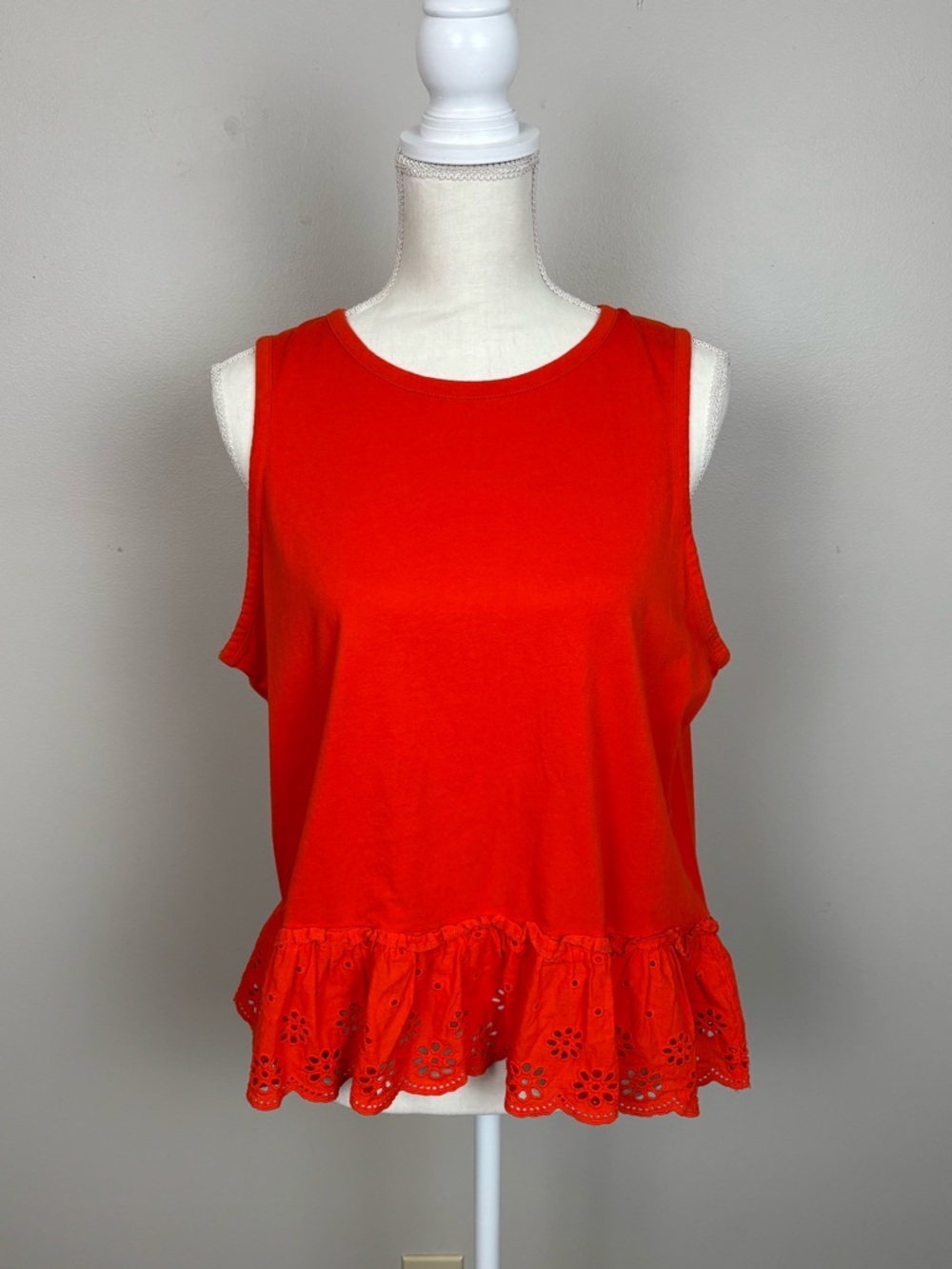 J Crew Factory Top Womens Lg Orange Eyelet Hem Tank Top Sleeveless 100% Cotton